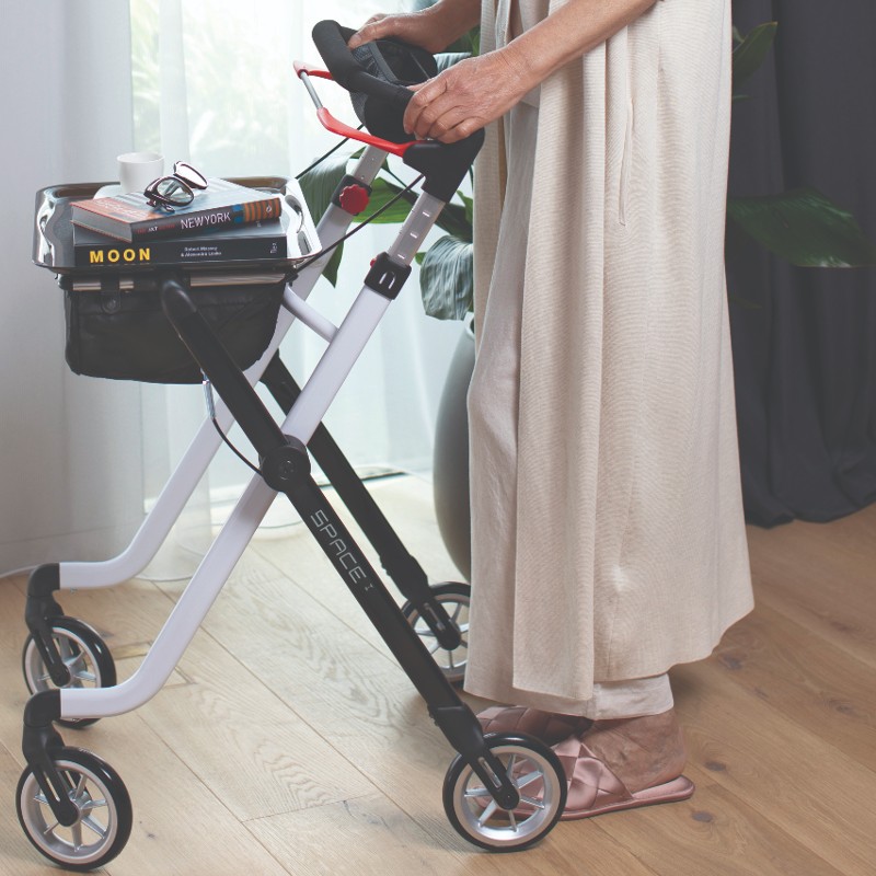 Two-tone stylish indoor rollator with multi-use tray